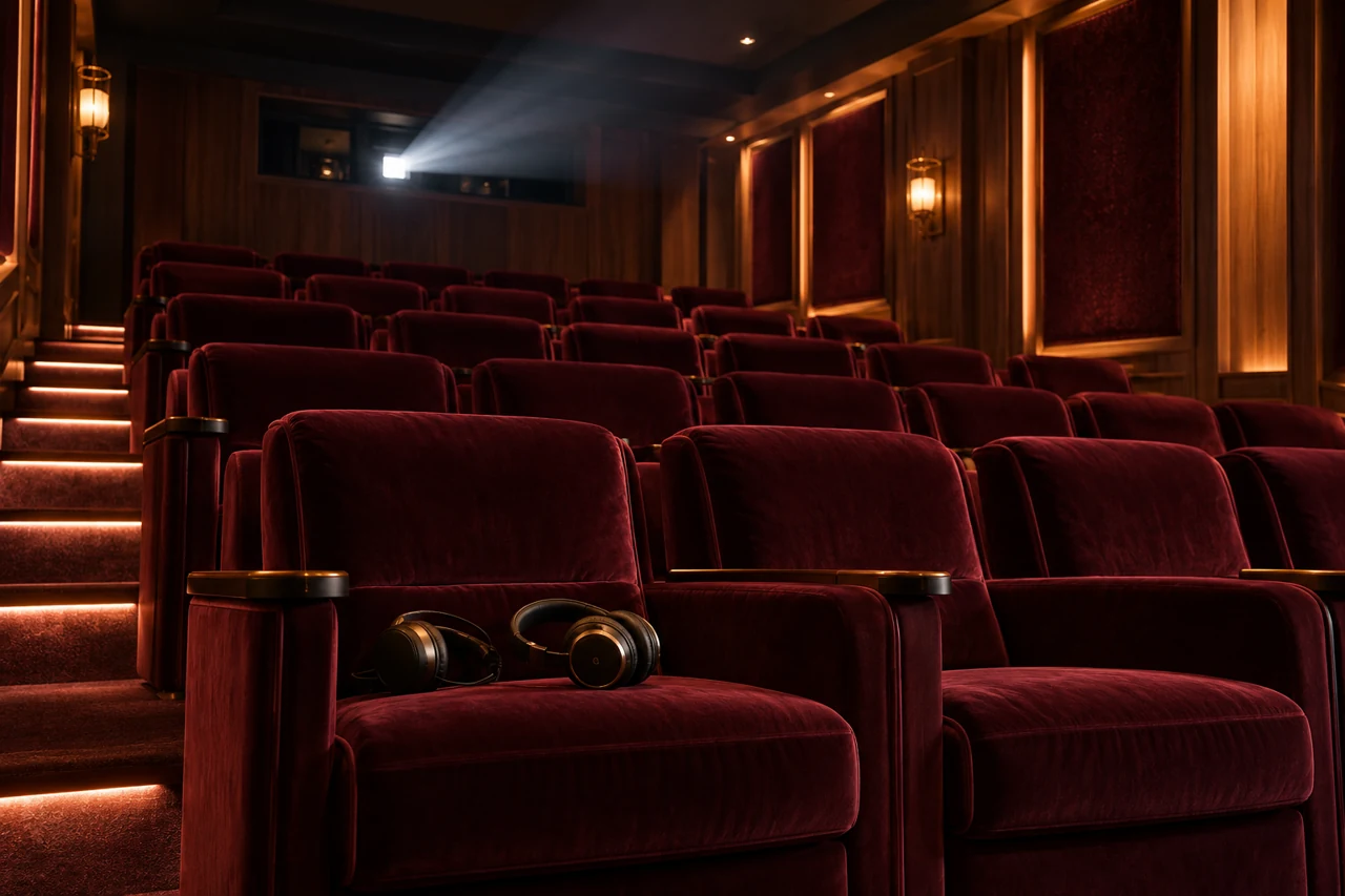 Poltrone bordeaux e cuffie in una sala cinematografica